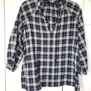 Madewell Camelia blue plaid popover tassel peasant top blouse size S.